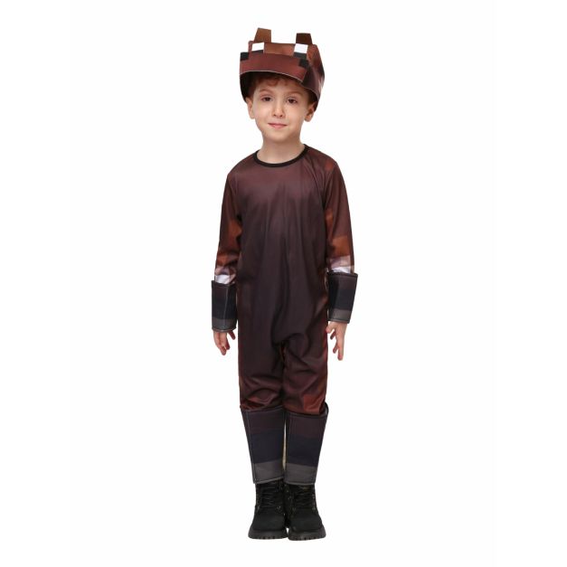 Kids block horse costume with brown pixelated jumpsuit and 3D headpiece Kids block horse costume with brown pixelated jumpsuit and 3D headpiece