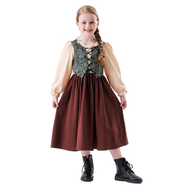Little house on prairie dress costume back view showing full skirt and zip closure Little house on prairie dress costume back view showing full skirt and zip closure