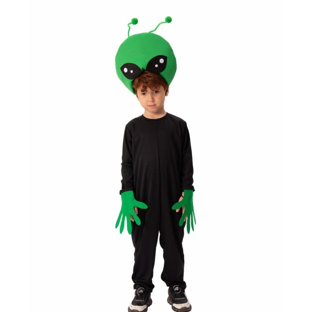 Kids alien costume with oversized green head and black jumpsuit front view Kids alien costume with oversized green head and black jumpsuit front view