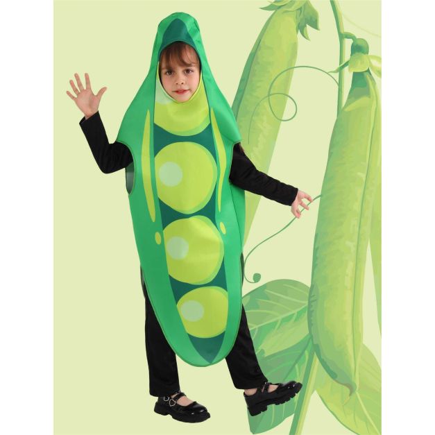 Kids green pea pod tunic costume with three yellow peas printed on front Kids green pea pod tunic costume with three yellow peas printed on front
