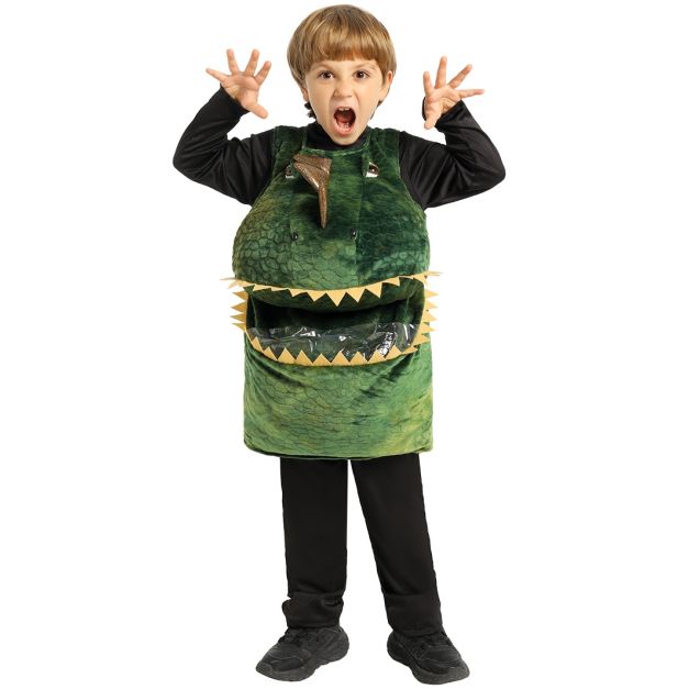 Green dinosaur tunic costume with T-Rex head and candy pocket for kids