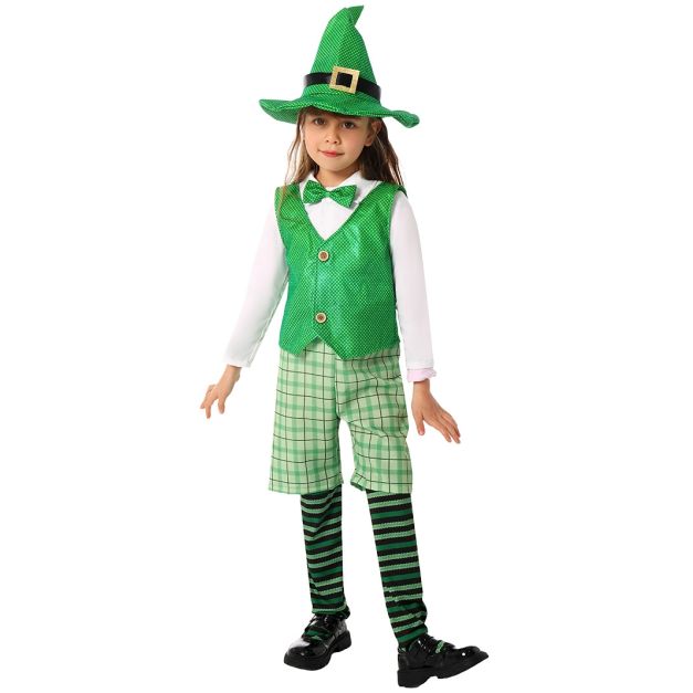 Kids emerald green leprechaun costume with pointed hat and plaid shorts