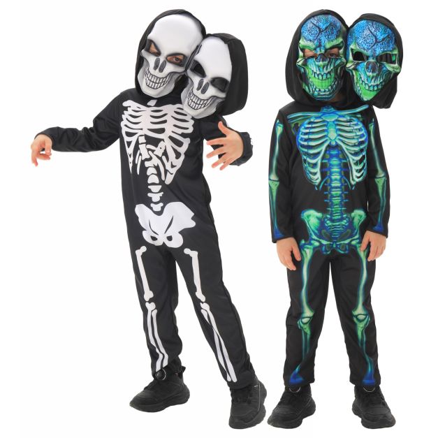 Full-length hooded skeleton jumpsuit showing ribcage and spine print detail Full-length hooded skeleton jumpsuit showing ribcage and spine print detail