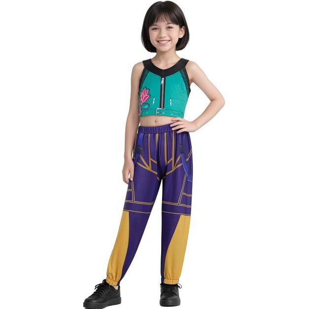 Child wearing geometric print performance outfit with mesh shoulder panels