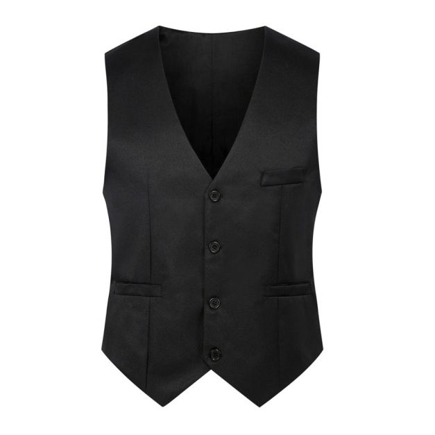 Adult black satin waistcoat front view showing four-button closure and welted pockets Adult black satin waistcoat front view showing four-button closure and welted pockets