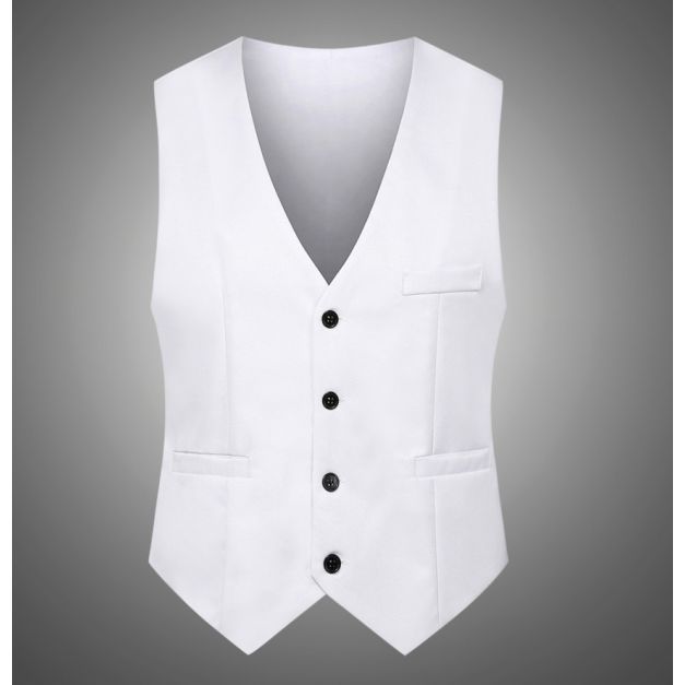 White formal waistcoat with four black buttons and adjustable back strap White formal waistcoat with four black buttons and adjustable back strap