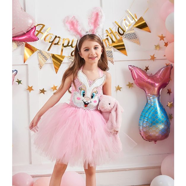 Kids pink bunny tutu dress costume with sequined bunny face and plush ears headband