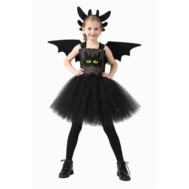 Kids black dragon tutu costume with green eye details and wings Kids black dragon tutu costume with green eye details and wings