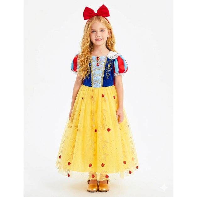 Girls fairytale princess ball gown dress with blue bodice and yellow skirt Girls fairytale princess ball gown dress with blue bodice and yellow skirt