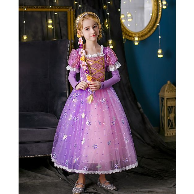 Girls purple princess costume dress with sequined bodice and gold lacing Girls purple princess costume dress with sequined bodice and gold lacing