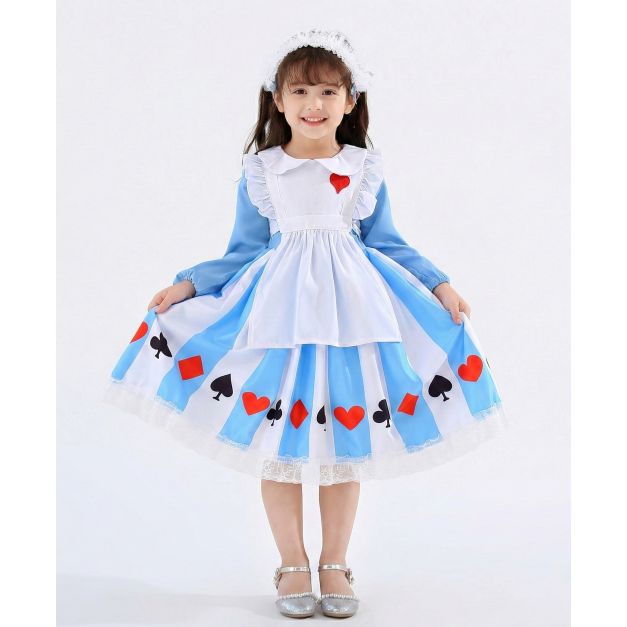 Girls Alice storybook costume dress in sky blue with white pinafore apron and playing card symbols Girls Alice storybook costume dress in sky blue with white pinafore apron and playing card symbols