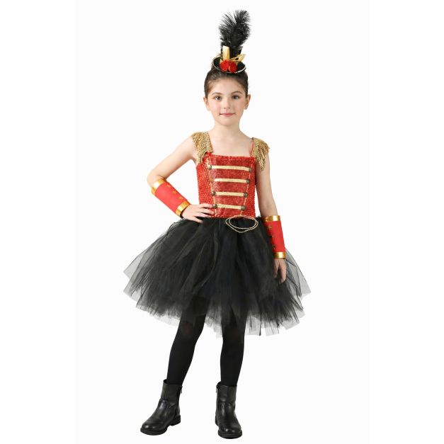 Girls red and black circus ringmaster tutu costume with gold trim and top hat Girls red and black circus ringmaster tutu costume with gold trim and top hat
