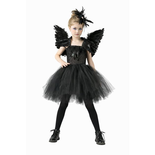 Kids dark angel raven costume with black feather wings and tutu dress Kids dark angel raven costume with black feather wings and tutu dress