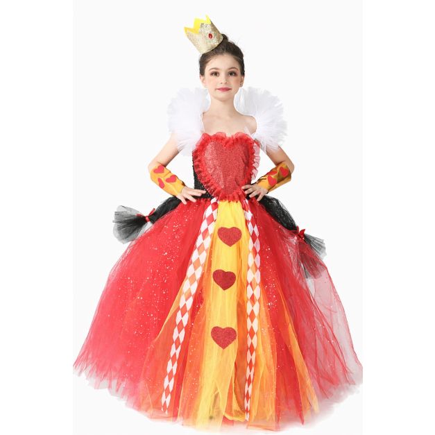 Kids Heart Queen tutu costume with red glitter dress and white collar Kids Heart Queen tutu costume with red glitter dress and white collar