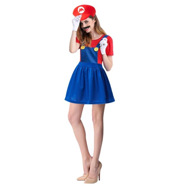 Adult red plumber costume dress with blue bib front and matching cap Adult red plumber costume dress with blue bib front and matching cap