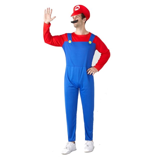 Adult red plumber costume jumpsuit with blue overalls and cap front view Adult red plumber costume jumpsuit with blue overalls and cap front view