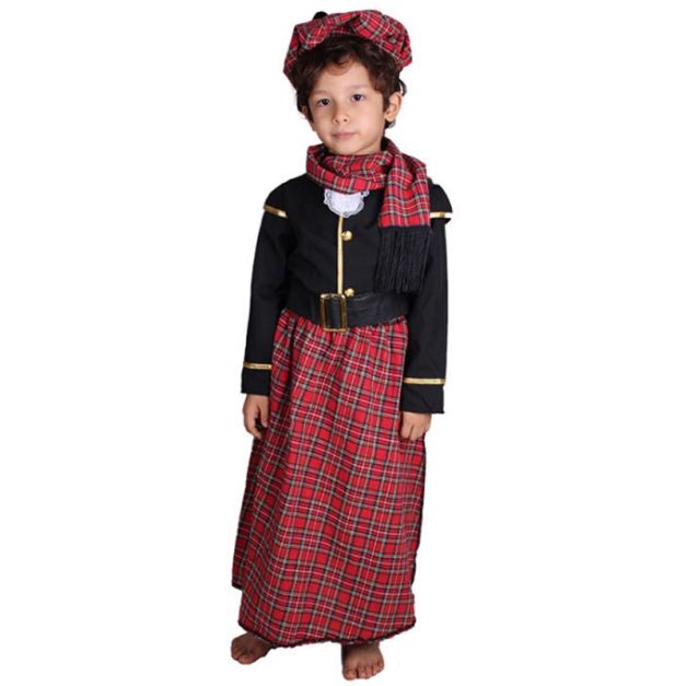 Kids Scottish Highland costume with red tartan skirt and matching hat Kids Scottish Highland costume with red tartan skirt and matching hat