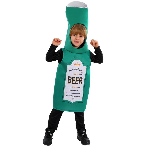 Kids green beer bottle novelty costume with tall padded headpiece Kids green beer bottle novelty costume with tall padded headpiece