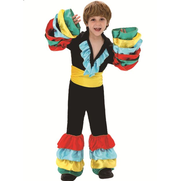 Boys Spanish flamenco dancer costume with multicoloured ruffles on black satin Boys Spanish flamenco dancer costume with multicoloured ruffles on black satin