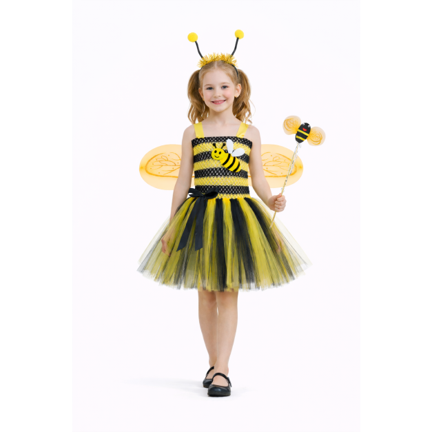 Girls bumble bee tutu costume with black and yellow striped bodice and full skirt Girls bumble bee tutu costume with black and yellow striped bodice and full skirt