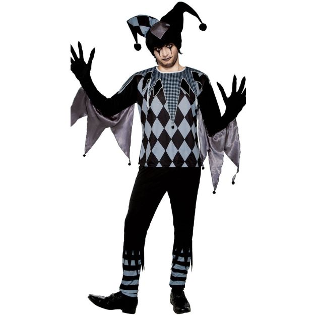 Adult dark jester costume with black and grey harlequin pattern tunic and pointed hat Adult dark jester costume with black and grey harlequin pattern tunic and pointed hat