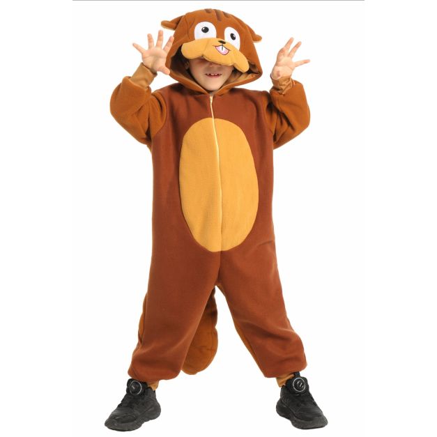 Child wearing brown bear onesie costume with hooded face and tail