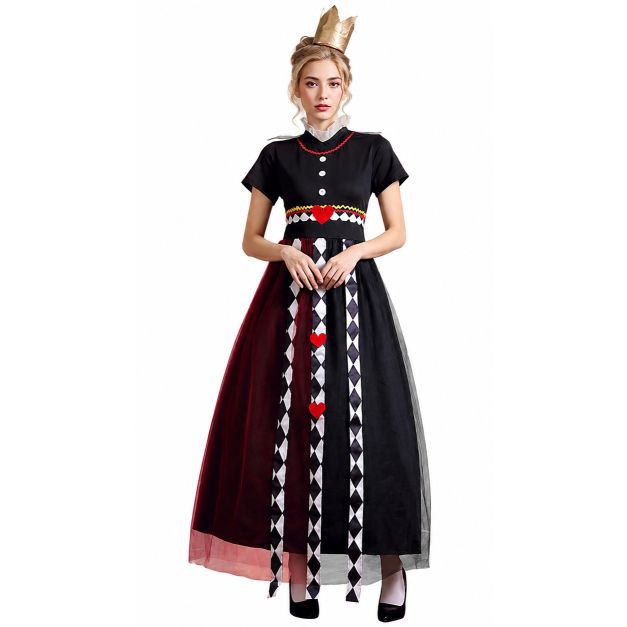 Adult Queen of Hearts costume dress with black bodice, burgundy and black color-block skirt, white Peter Pan collar, and gold crown