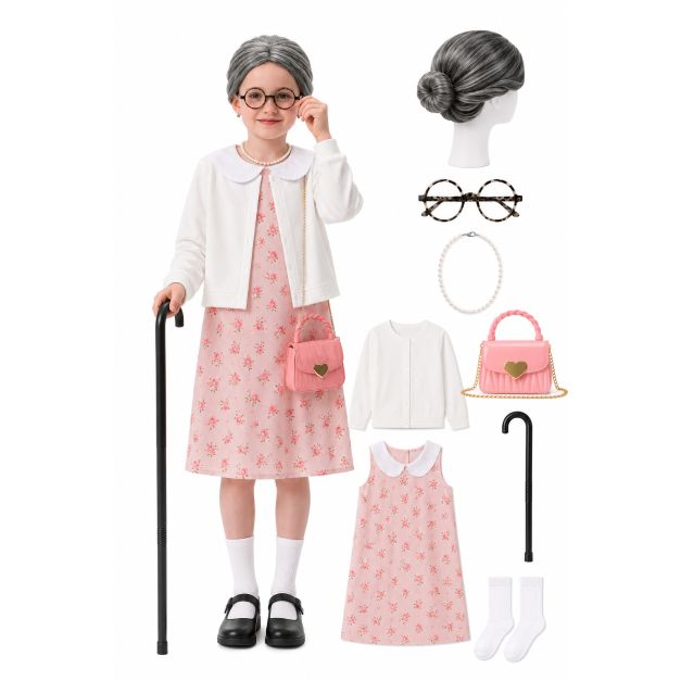 Kids grandma costume pink floral dress with white cardigan grey bun wig and accessories laid out for 100 Days of School