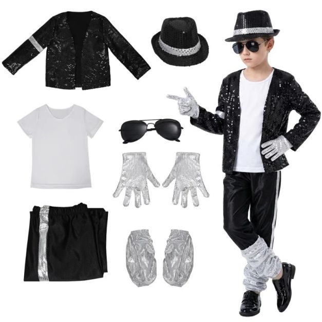 Boys 80s pop star costume 7 piece set with black jacket, fedora hat, white T-shirt, sunglasses, silver gloves, pants with silver side stripe and leg warmers