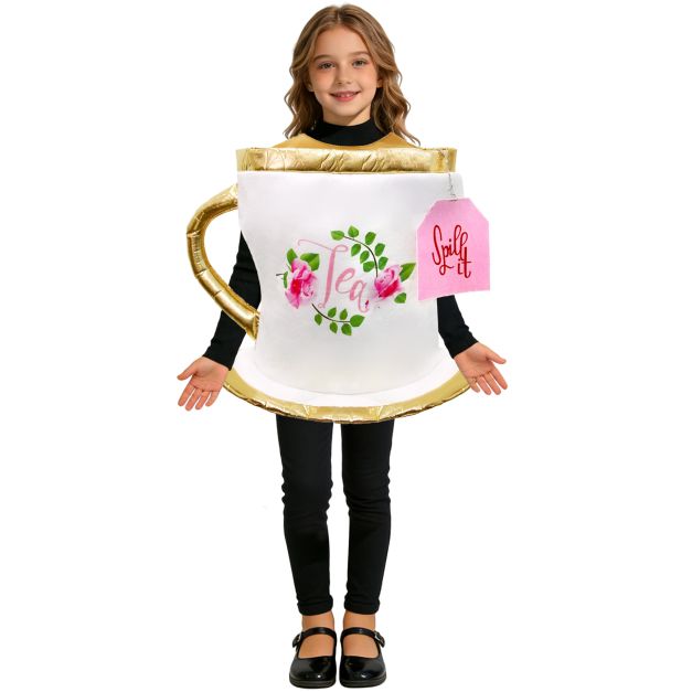 Kids teacup tabard costume with gold trim and pink rose graphics Kids teacup tabard costume with gold trim and pink rose graphics