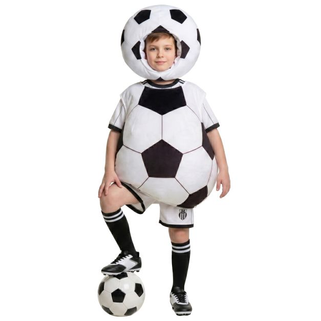 Kids soccer ball costume with padded black and white tunic and matching hood Kids soccer ball costume with padded black and white tunic and matching hood