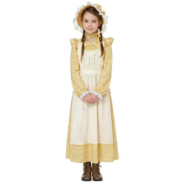 Girls pioneer prairie costume with yellow floral dress, cream apron and matching bonnet Girls pioneer prairie costume with yellow floral dress, cream apron and matching bonnet