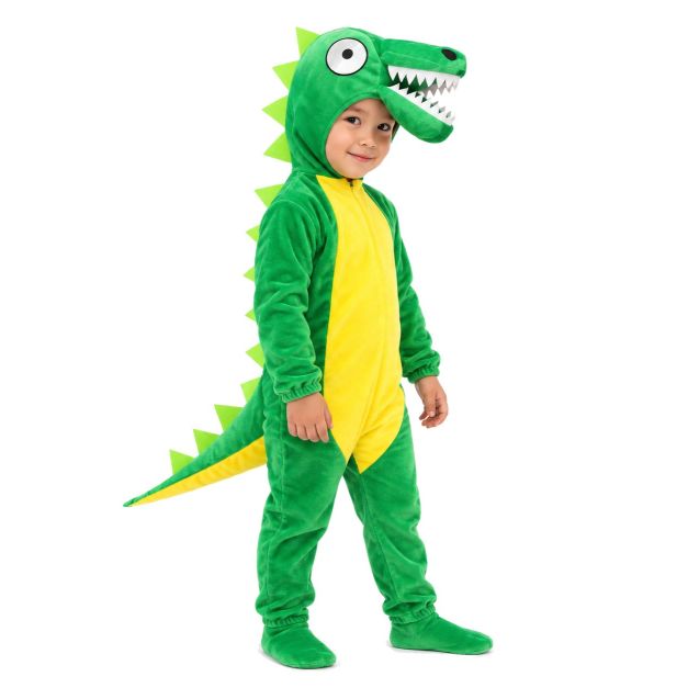 Kids green dinosaur costume jumpsuit with hood, googly eyes and spikes Kids green dinosaur costume jumpsuit with hood, googly eyes and spikes