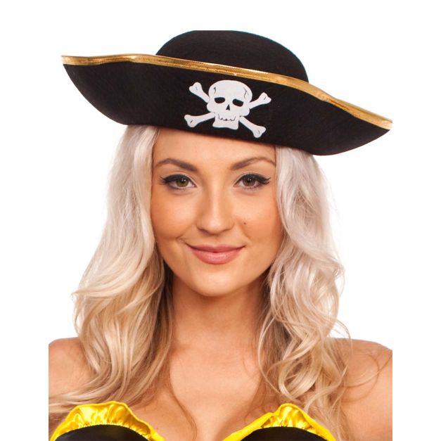 Adult Caribbean pirate captain hat with metallic gold brim edge detail Adult Caribbean pirate captain hat with metallic gold brim edge detail