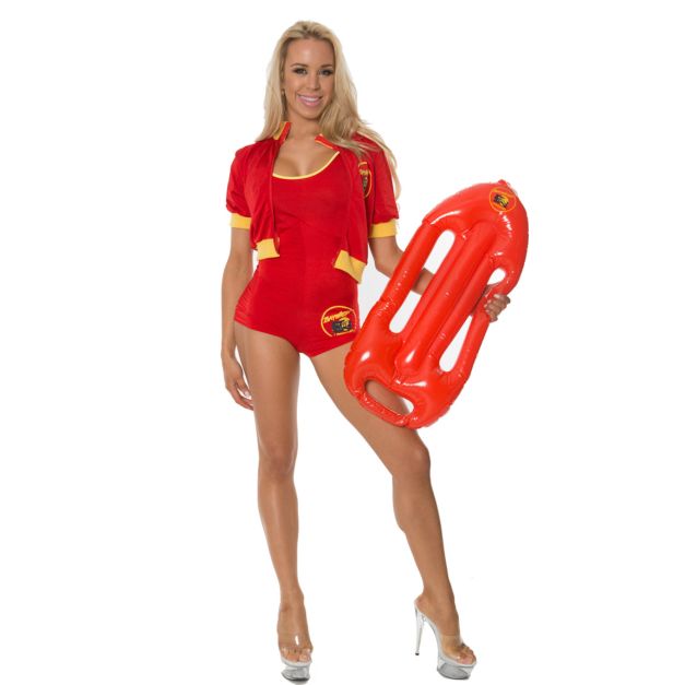 Womens red lifeguard outfit with yellow trim and patrol logos Womens red lifeguard outfit with yellow trim and patrol logos