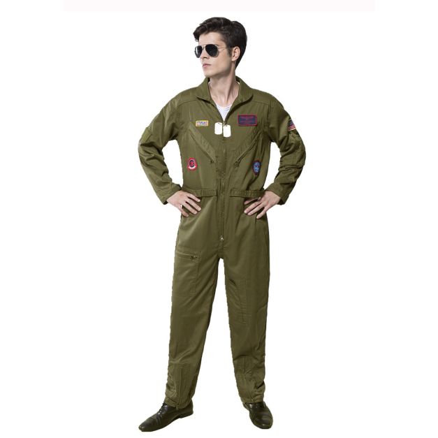 Adult Top Gun fighter pilot costume - sage green flight jumpsuit with embroidered patches and aviator sunglasses Adult Top Gun fighter pilot costume - sage green flight jumpsuit with embroidered patches and aviator sunglasses