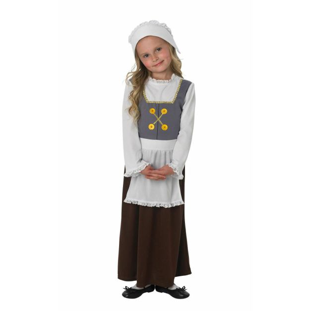 Girls Victorian maid costume with white blouse, grey bodice, brown skirt and lace bonnet Girls Victorian maid costume with white blouse, grey bodice, brown skirt and lace bonnet