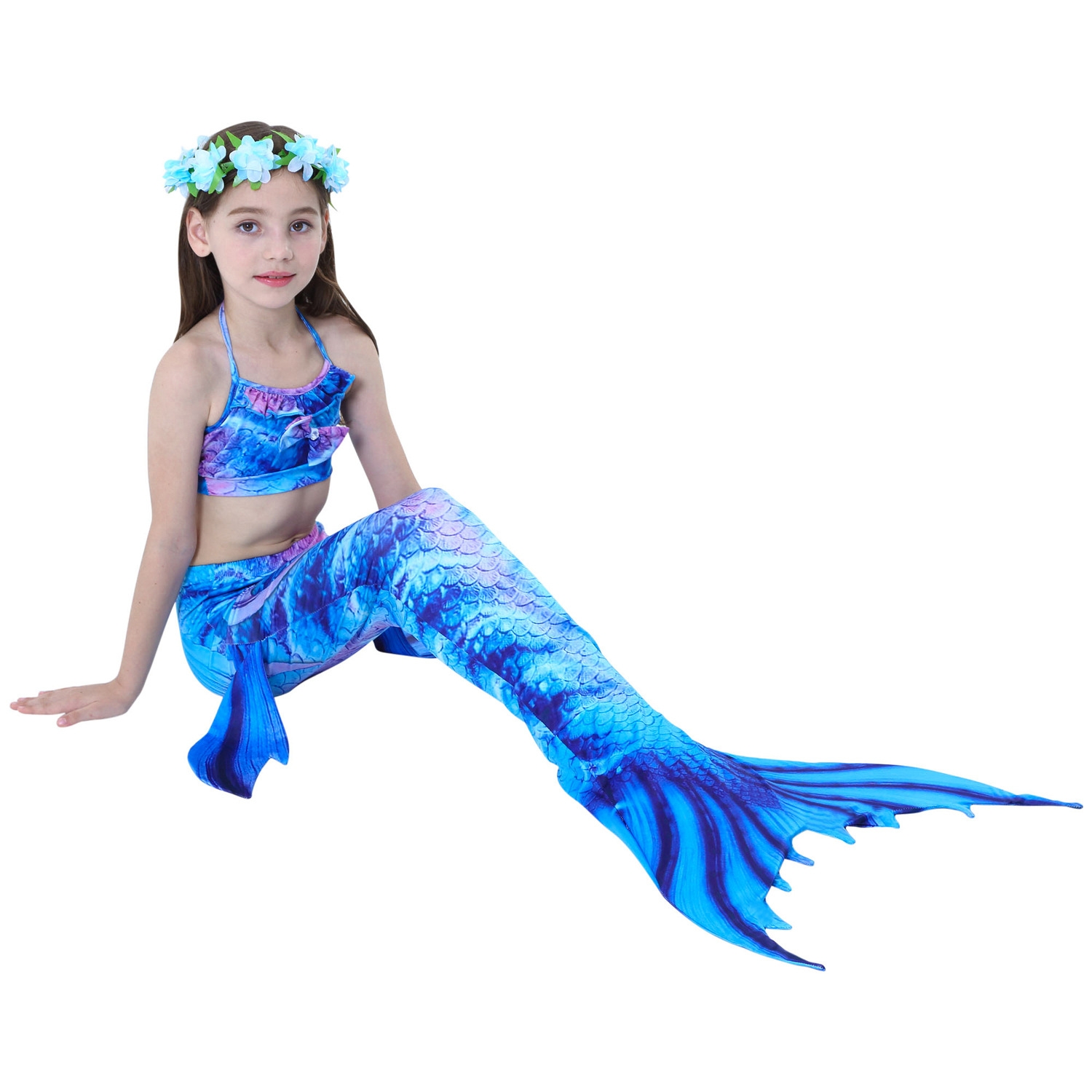 Girls Kids Rainbow Mermaid Tail Monofin Blue Bikini Swimwear Swimsuit