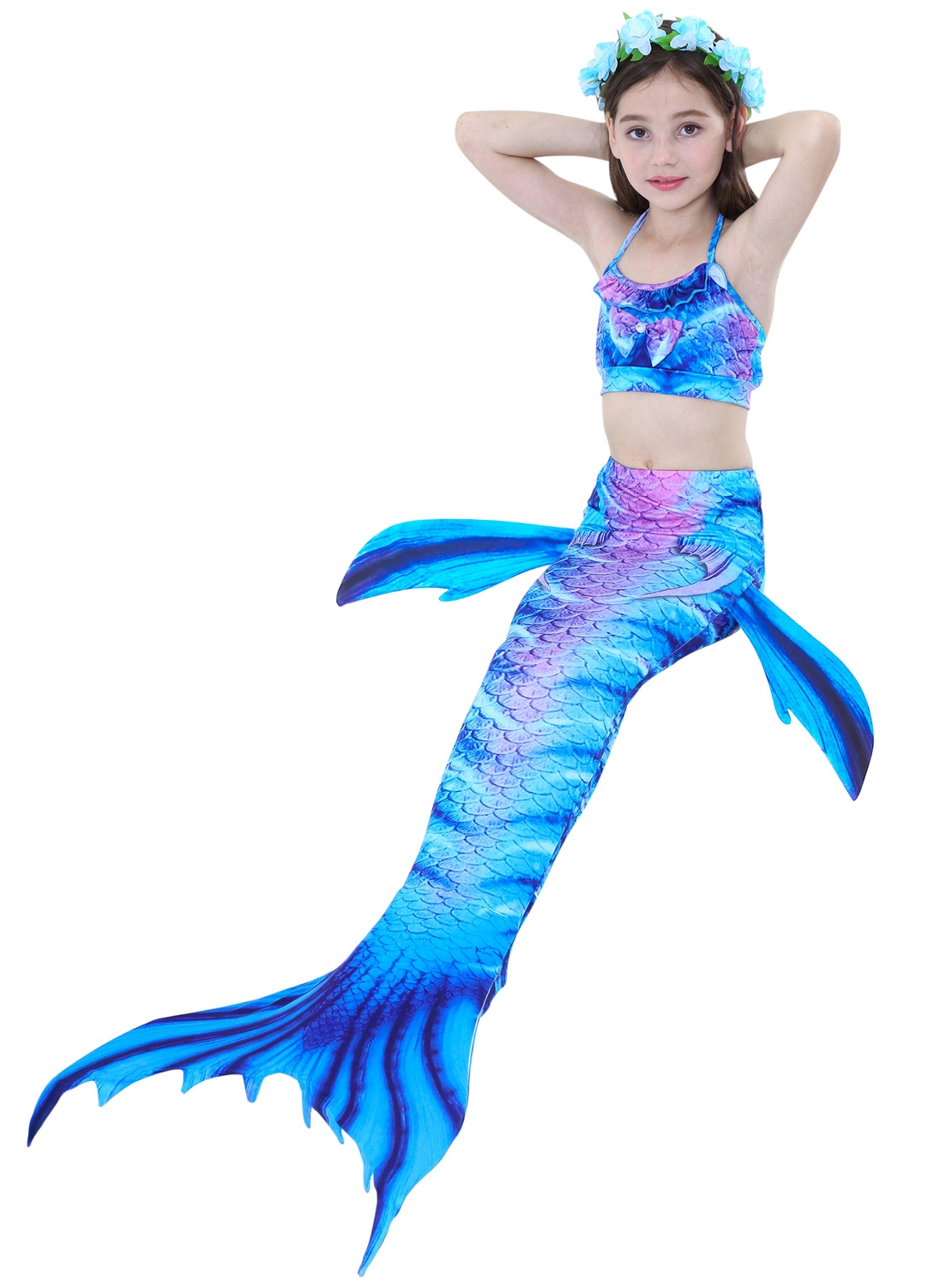 Girls Kids Rainbow Mermaid Tail Monofin Blue Bikini Swimwear Swimsuit