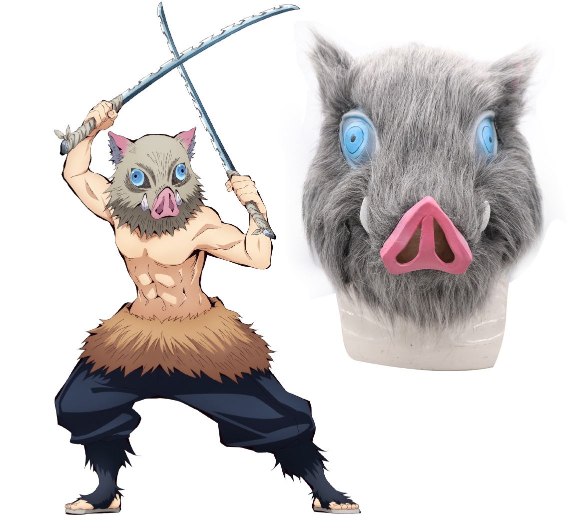 CoolChange Máscara De Jabalí Inosuke Hashibira – Gorro Y Disfraz De Demon Slayer Con Piel Sintética Y Nariz De Látex, Ajuste Con Velcro, Ideal Para Cosplay Y Eventos
