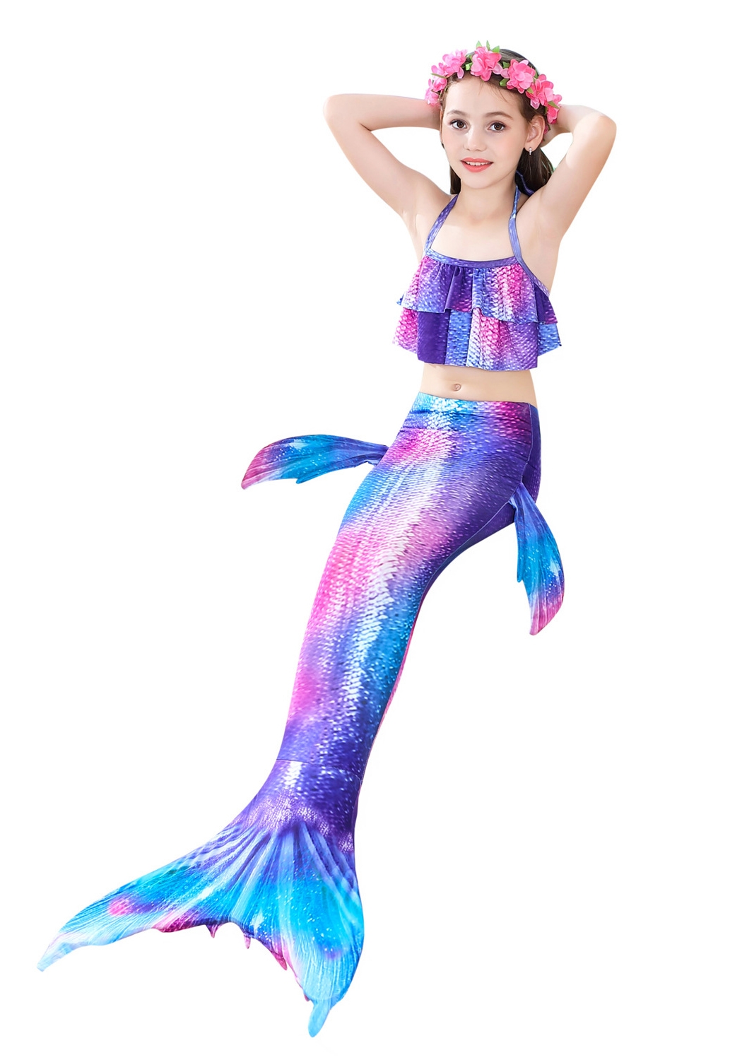 Girls Kids Rainbow Mermaid Tail Monofin Child Bikini Swimwear Swimsuit