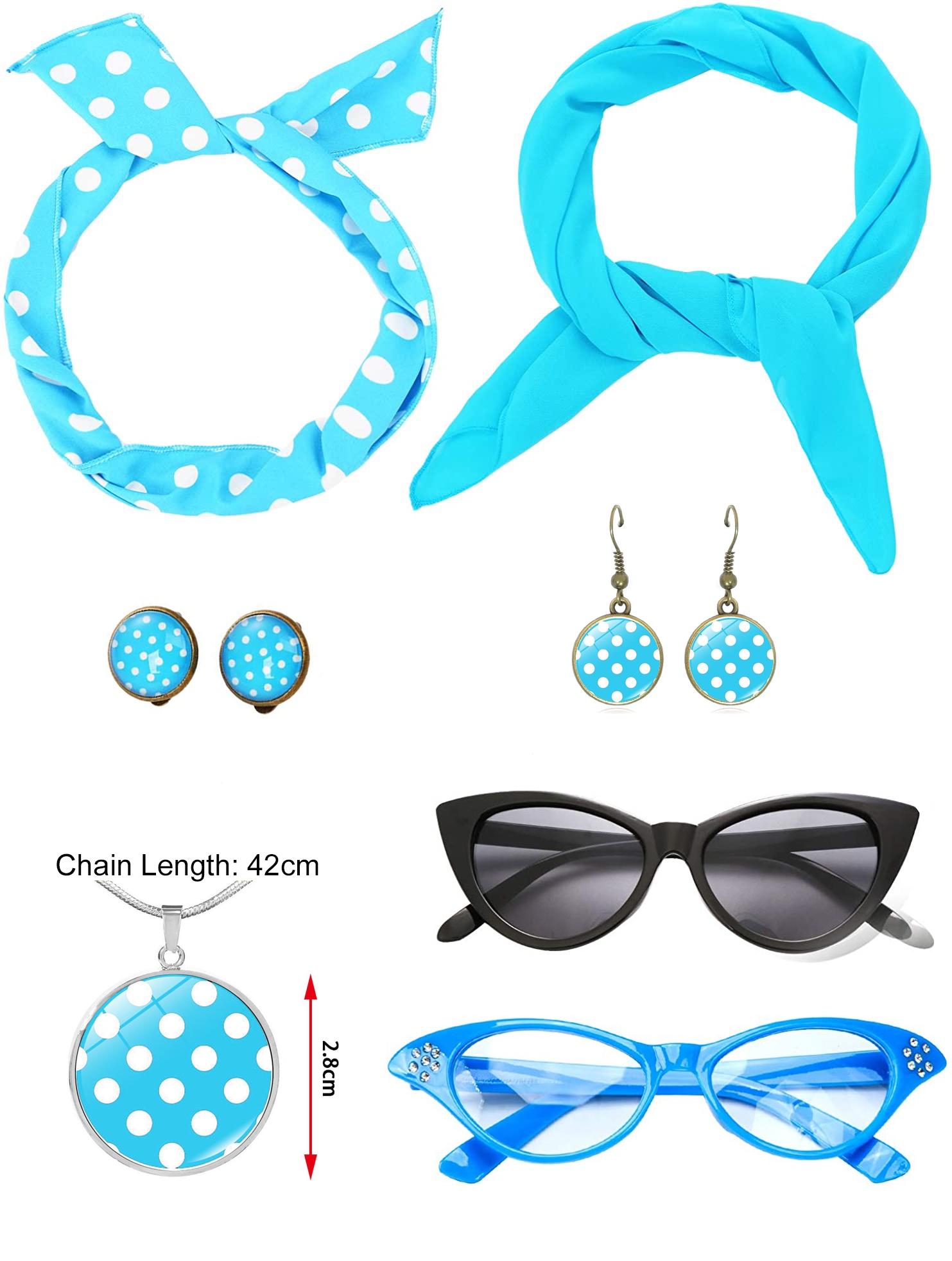 HEAWAA – Lot De 6 Accessoires Années 50 Pour Femme – Bandeau à Pois, Gants, Foulard, Lunettes Et Boucles D'oreilles – Style Rockabilly