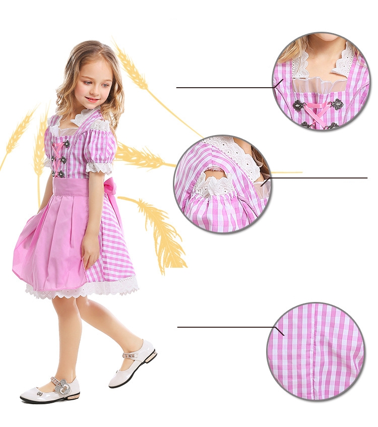Girls Pink Dirndl Costume Dress - Bavarian Oktoberfest Gingham Apron
