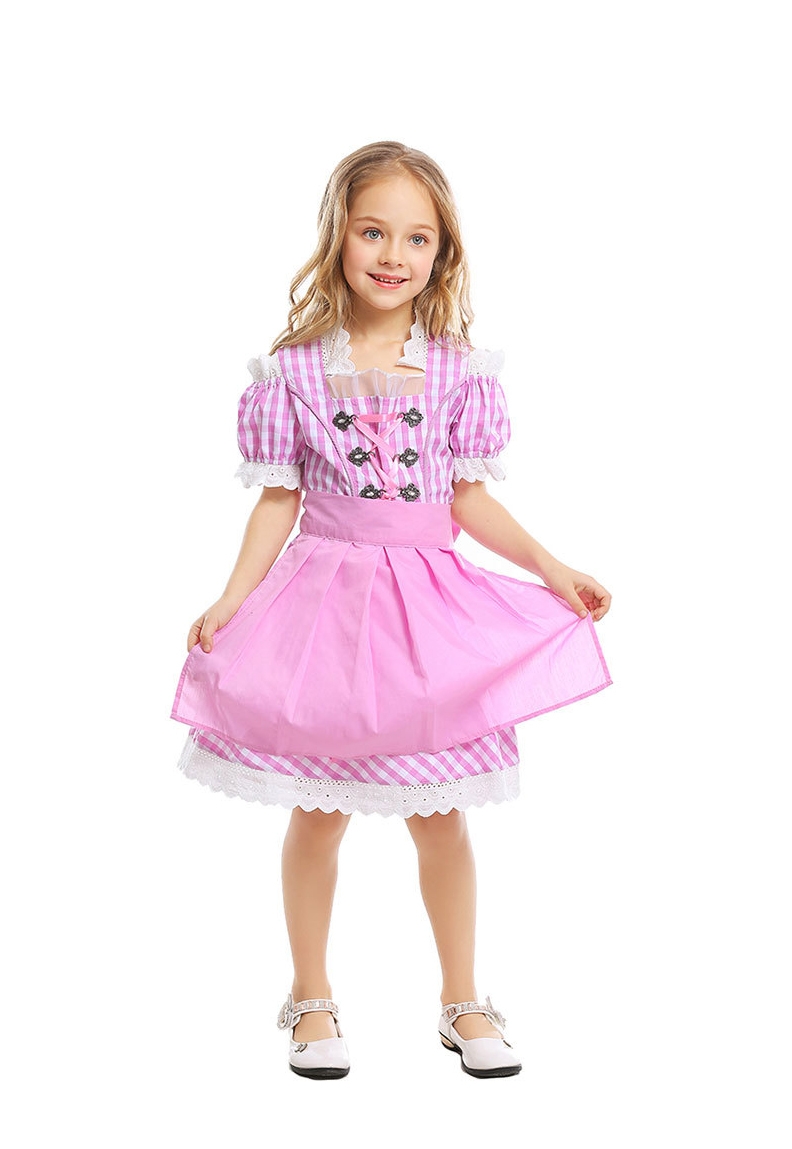 Girls Pink Dirndl Costume Dress - Bavarian Oktoberfest Gingham Apron view 2