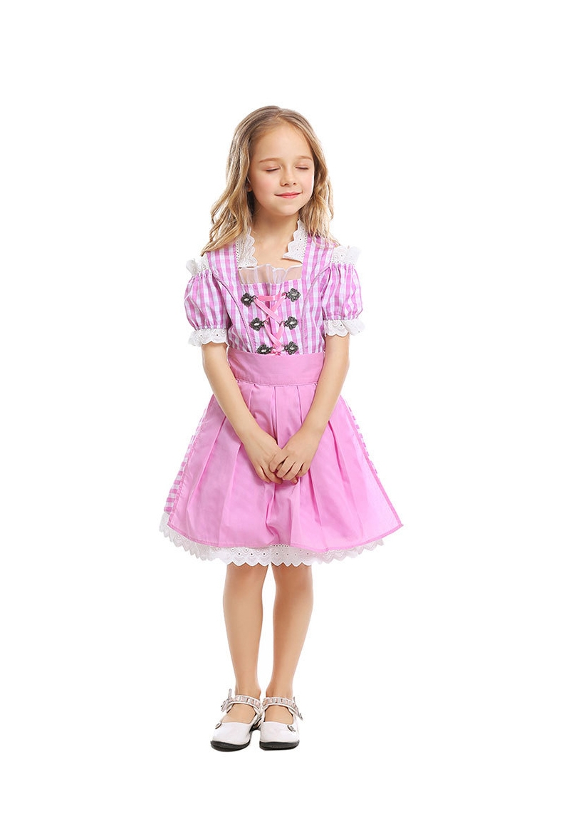 Girls Pink Dirndl Costume Dress - Bavarian Oktoberfest Gingham Apron view 3