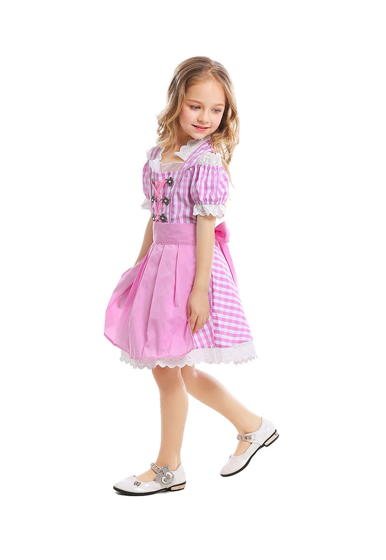 Girls Pink Dirndl Costume Dress - Bavarian Oktoberfest Gingham Apron view 4