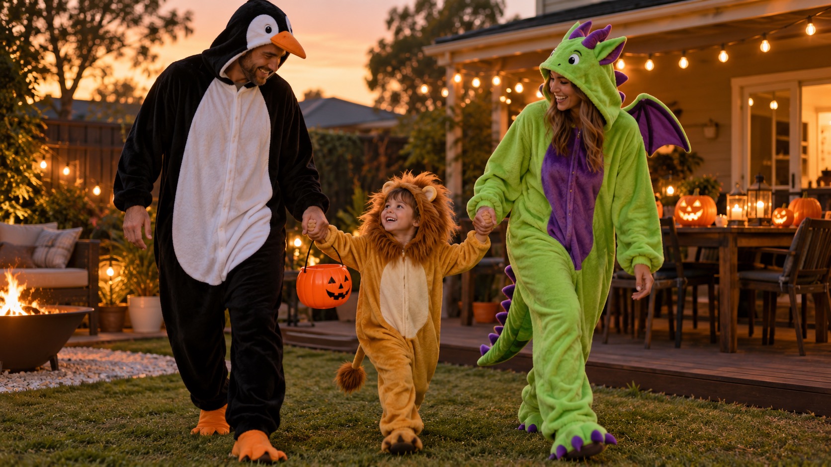 Adults in penguin and green dragon jumpsuits with a child in a lion costume at an Australian backyard Halloween party