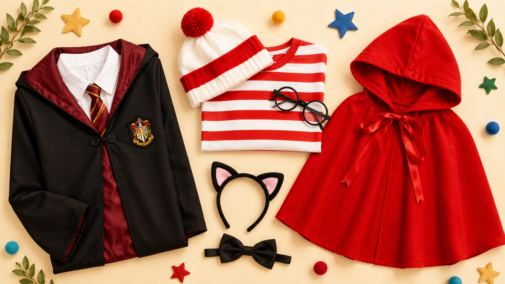 Easy Book Week 2026 costume ideas — wizard robe, Where's Wally kit, red cape and cat ears flat lay