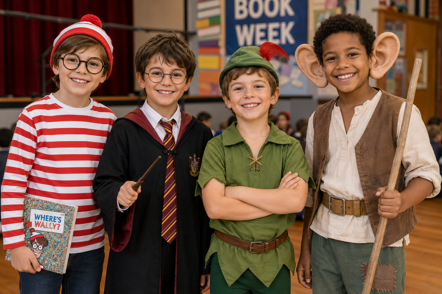 Boys Book Week costumes 2026 Wally Harry Potter Peter Pan school