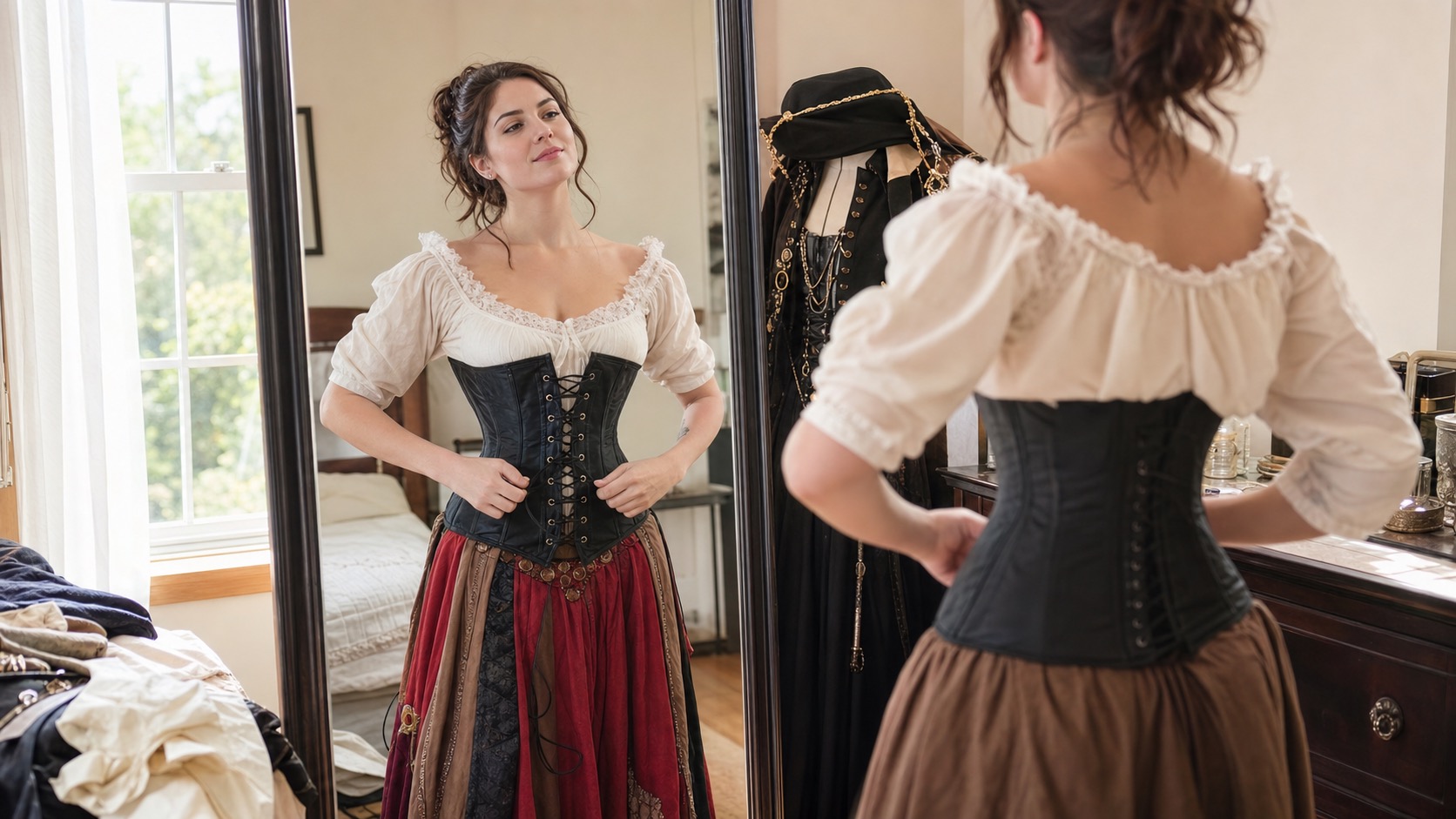 An adult woman checking the fit of a black lace-up costume corset in a bright bedroom mirror